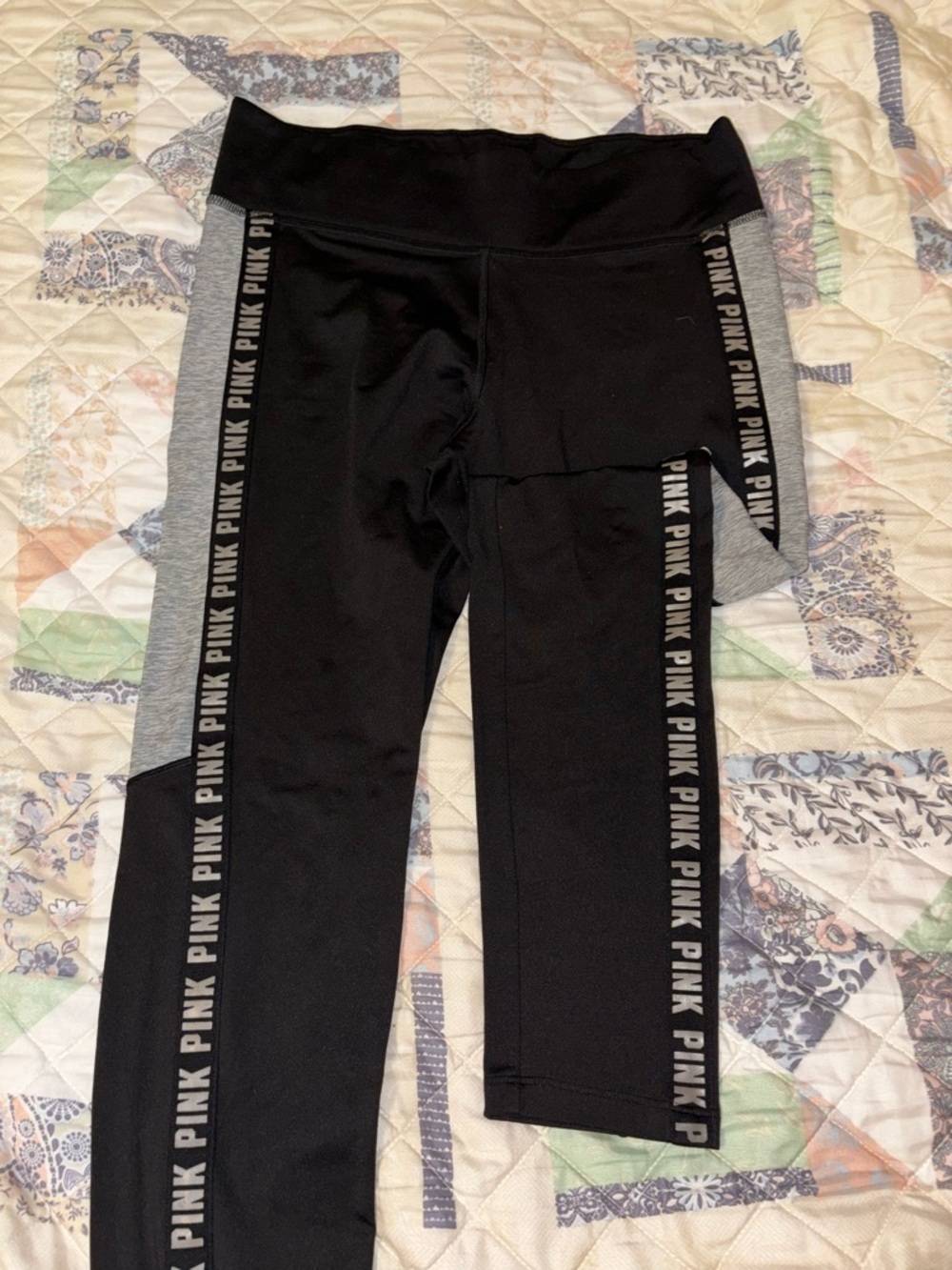 PINK Victoria's Secret Black Leggings with Gray Side Panels and Pink Logo Tape